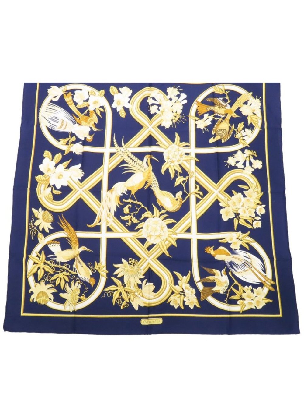 Hermes Carre 90 Navy Multicolor Silk Caraibes Caribbean Bird Wilhelm Red